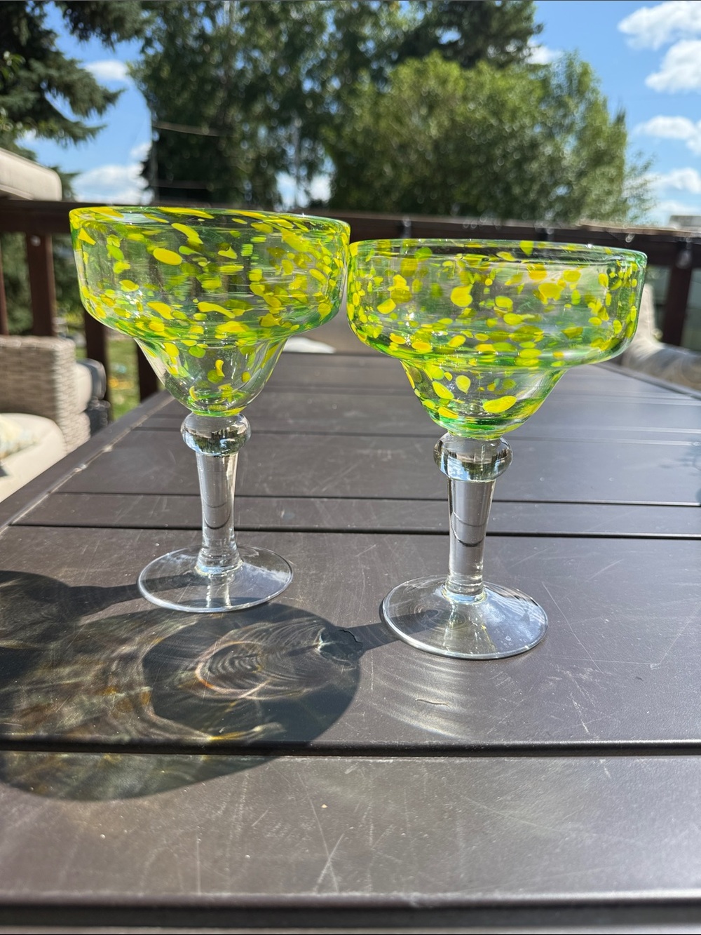 Handblown Green & Yellow Speckled Glass Margarita Set - Home blown Art